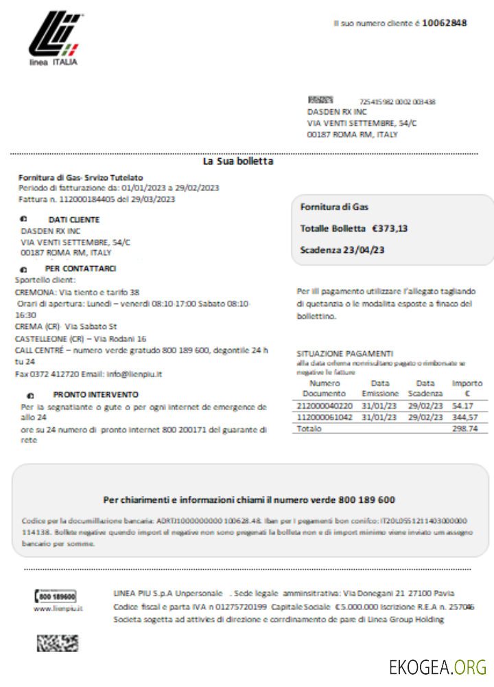 Facture d'entreprise de services publics de Linea Italia, SCR